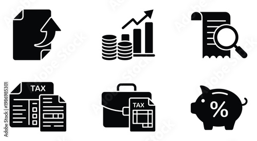 Glyph set depicting financial management concepts like tax preparation, investment growth, and savings planning for business applications.