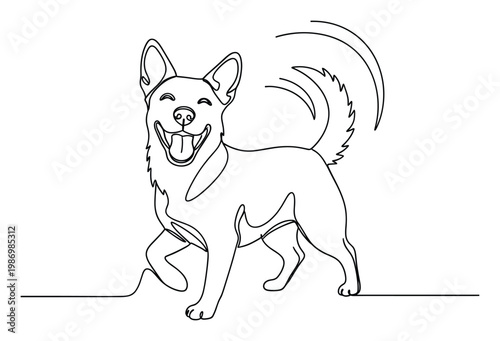 Continuous line drawing of a happy playful dog with wagging tail, perfect for pet store logos or animalthemed graphic design projects