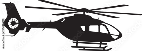 Black helicopter silhouette, vector aircraft icon, rotorcraft symbol, transportation illustration