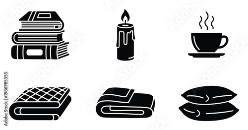 Cozy home essentials icons like books, candle, hot drink, and bedding for various relaxation lifestyle themes.