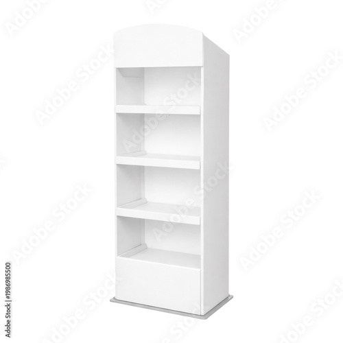 3D Render of Tall Blank White Cardboard Retail Display Shelf Stand Mockup with Curved Header