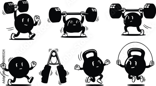 Retro gym mascot characters performing workout actions groovy fitness cartoon vector illustration set