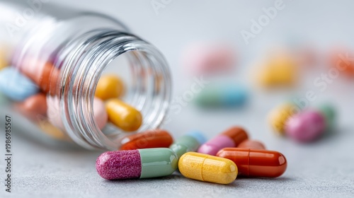 Close-up of colorful pills spilling out of a glass bottle onto a gray surface