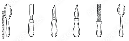 Assortment of essential woodworking hand tools including chisel carving knives rasp and spoons for craft projects