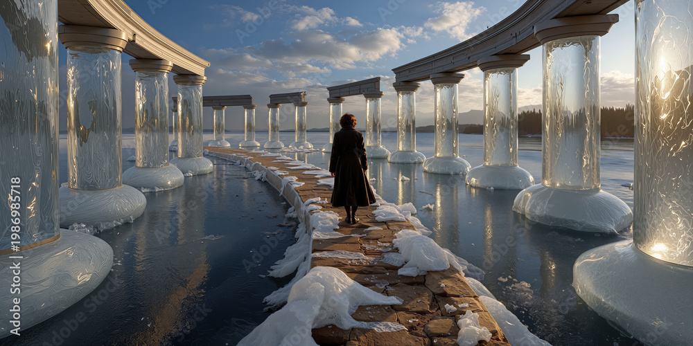 Fototapeta premium Solitary person dressed warmly advances along frozen track at twilight amid translucent towers