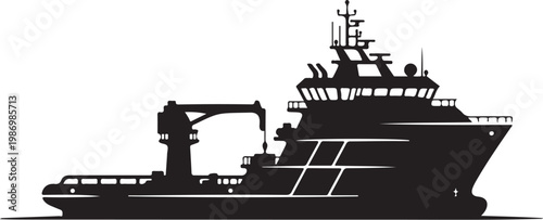 Black silhouette cargo ship, industrial vessel, harbor crane, maritime transport icon