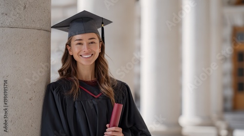 Smiling graduate in cap and gown holding diploma outside university building