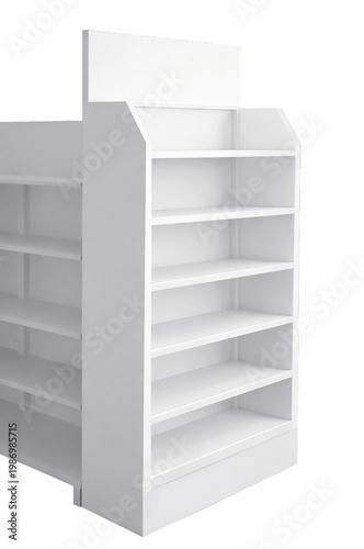 3D Render of Blank White DoubleSided Retail Floor Display Rack with Header POS Mockup