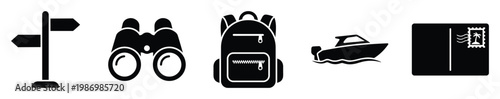 Travel and adventure icons set featuring a signpost, binoculars, backpack, boat, and postcard for tourism design