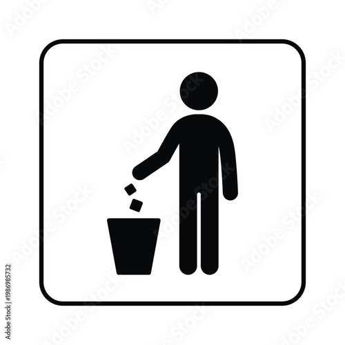 Instruction sign showing proper waste disposal. Pictogram of person throwing trash into bin. Ideal for public places, restrooms, offices, parks, and facilities to encourage cleanliness and hygiene. Cl