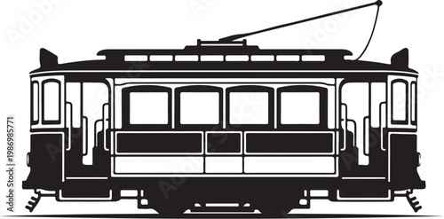 Black and white streetcar, vector tram illustration, urban transportation icon, city transit symbol