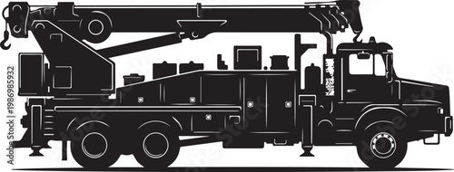 Black, silhouette, vector truck, crane truck, heavy duty vehicle, industrial equipment