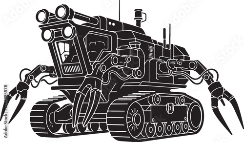 Robotic tank, mechanical beast, black and white vector, futuristic vehicle, industrial machine