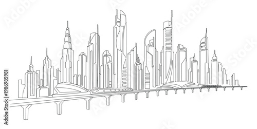Dynamic continuous line representation of a modern city skyline with an elevated railway illustrating urban development and transportation