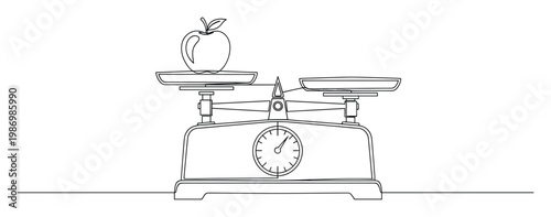 Continuous line drawing of a kitchen scale accurately weighing a single fresh apple for healthy lifestyle, diet, and food measurement