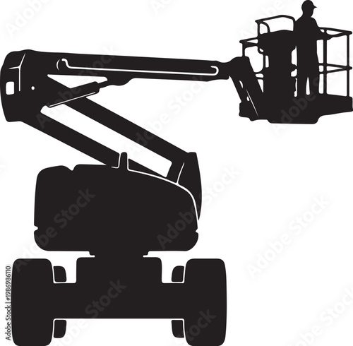 Black silhouette construction lift, aerial work platform, boom lift, industrial vehicle