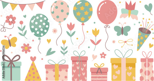 Cute pastel birthday celebration illustration set with balloons gifts party hats flowers butterflies and banner flat minimalist vector design