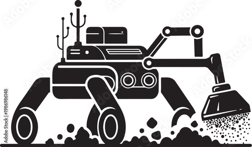 Black and white excavator, heavy machinery, construction vehicle, digger icon