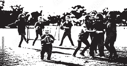 Black and white illustration, kids playing tag, children running, monochrome outdoor scene, vector graphics