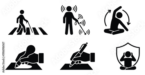 Accessibility, wellness, writing, and protection pictograms for informational and learning content.