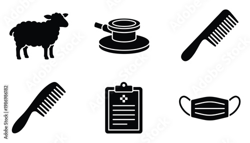 Essential black glyph icons for animal care, medical services, personal hygiene, and health protection visuals.
