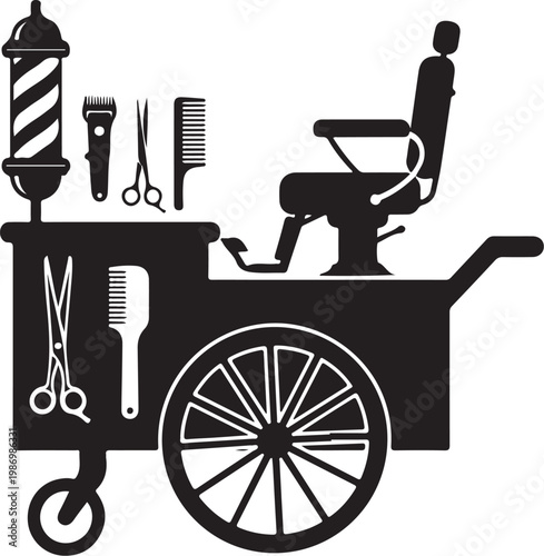Black barber cart, vintage grooming tools, haircut chair, salon equipment, 8 icons
