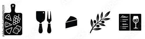 Curated collection of gourmet food and wine icons including cheese, olives, and menu for hospitality design