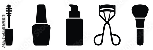 Collection of essential cosmetic tools including mascara, nail polish, and makeup brush for beauty product promotions