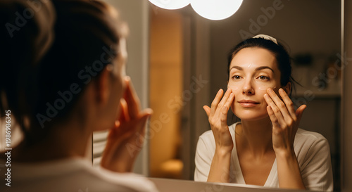 A woman applies facial cream to her skin in the mirror, focusing on her skincare routine