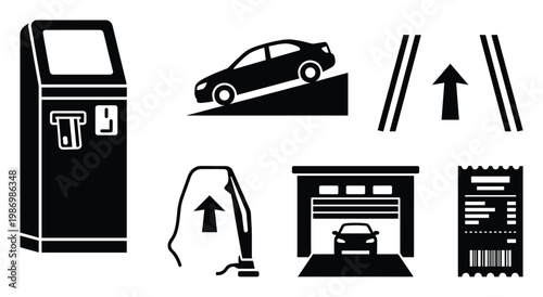 Automated car parking and service icons illustrating payment terminals, ramps, entryways, and receipts for business solutions