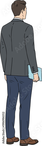 Minimal back view illustration of businessman in suit holding laptop case clean flat vector isolated on white background