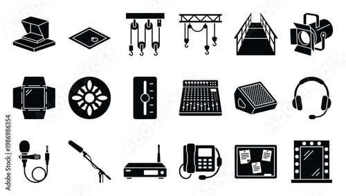 Professional stage and event production equipment icons for theatrical performances, broadcasting, and live shows
