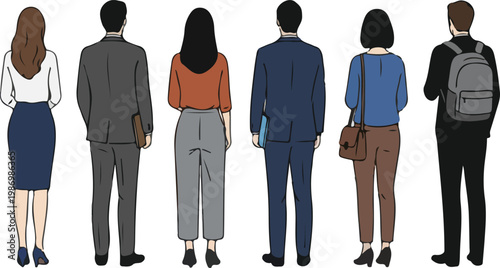 Minimal flat illustration of diverse business people standing in line back view corporate team characters isolated on white background