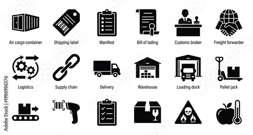 Logistics and supply chain icons for shipping, cargo management, delivery, and trade documentation.