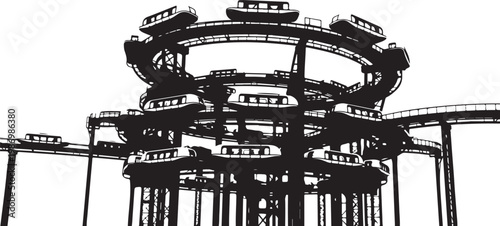 Industrial, futuristic, black, vector illustration of multi-level parking garage, modern architecture, urban infrastructure