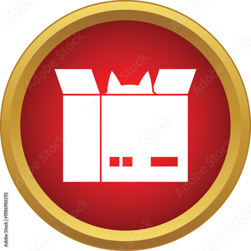 Cat hiding inside an open cardboard box in a red circular button