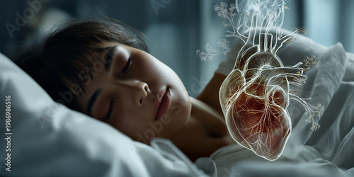 Calm female with holographic heart. Serene woman in bed observing heartbeat projection
