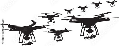 Drone, drones, flying drones, black drone icons, quadcopter silhouettes, vector graphics