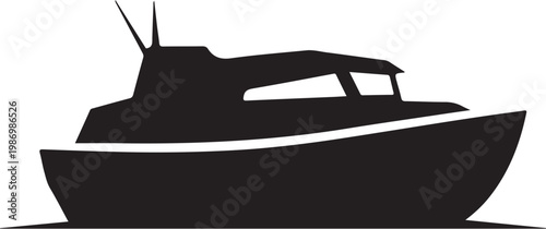 Black boat silhouette, vector yacht icon, nautical graphic, isolated watercraft
