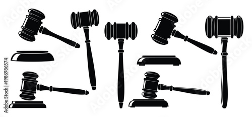 Black gavels and sound blocks symbolizing justice, law, and judicial authority perfect for legal themed designs