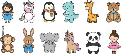 Cute kawaii cartoon character set with animals and girls including unicorn panda dinosaur and bunny in flat vector style