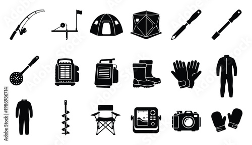 Fishing and camping outdoor equipment icons for various winter recreation activities and gear infographics