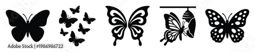 Assortment of butterfly silhouettes including varied wing patterns and a chrysalis stage for educational graphics.