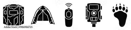Outdoor gear icons for wildlife observation, hunting, and camping activities in nature and wilderness.