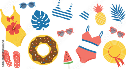 Flat lay summer beach illustration with swimsuits sunglasses pineapple watermelon and tropical elements modern minimalist vacation style vector design