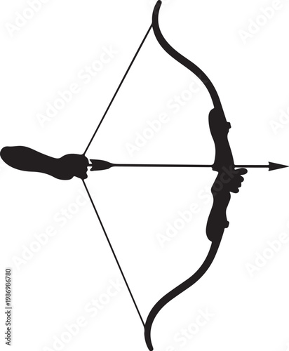 Black bow and arrow silhouette, archery equipment, hunting icon, vector graphic