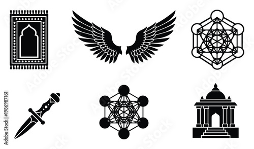 Collection of spiritual symbols including prayer mat wings sacred geometry dagger and shrine for diverse graphic applications