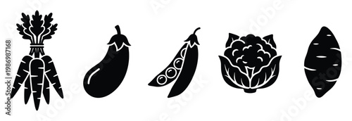 Black vegetable icons featuring carrots eggplant peas cauliflower sweet potato for healthy eating designs