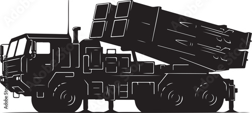 Black, military truck, missile launcher, vector illustration, transportation, defense vehicle