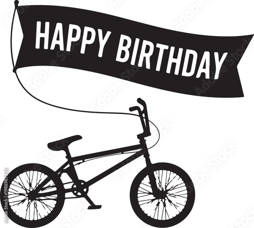 Black bicycle with Happy Birthday banner, bmx bike silhouette, birthday decoration, vector icon